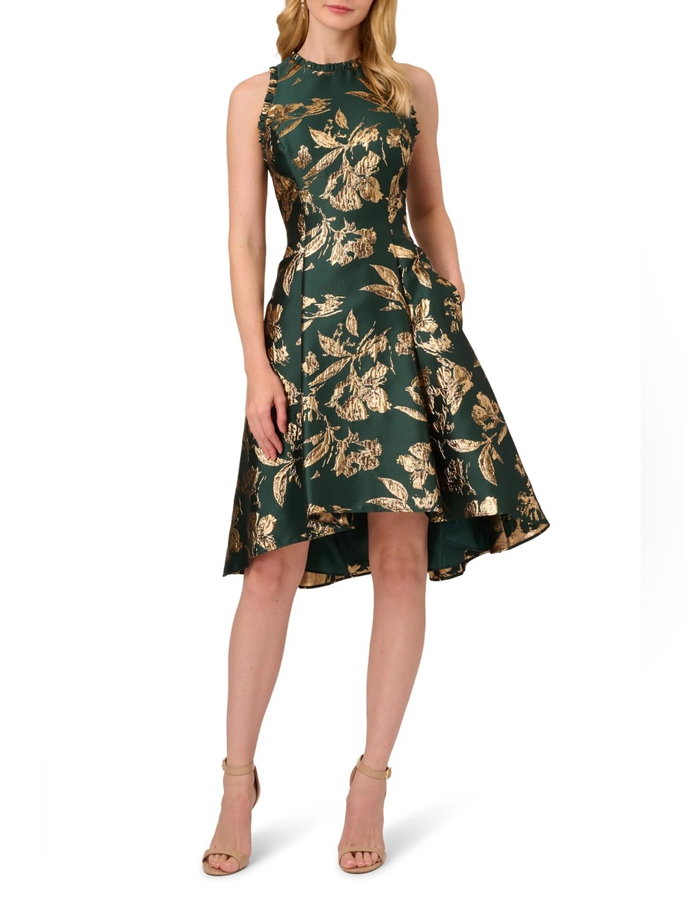 Adrianna Papell Metallic Jacquard High-Low Dress Green Gold Floral Size 6
